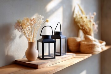 Sunlit shelf with black lanterns and dried floral arrangements in a cozy space