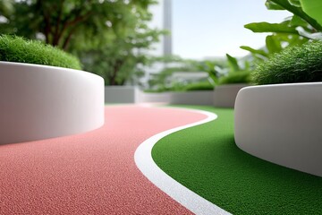 Colorful curved pathway in modern green urban park with lush vegetation