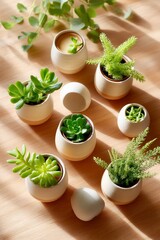 Variety of succulent plants in ceramic pots arranged on wooden surface with soft light