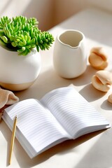 Open notebook with golden pen and succulent plant on sunlit desk
