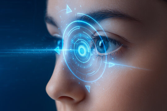 AI generated photorealistic sci fi eye in extreme close side view with glowing blue HUD layers showing digital interface control biometric scan and futuristic optical precision technology