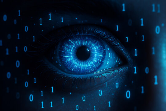 AI generated extreme closeup of a glowing blue human eye enhanced with digital circuits and binary code representing futuristic data perception and advanced AI interface