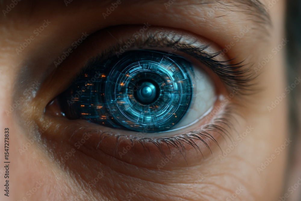 Poster ai generated extreme close up of a human eye enhanced with glowing digital circuits representing fut