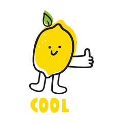Cute lemon. Thumb up. Cool. Hand drawn flat vector illustration on white background.