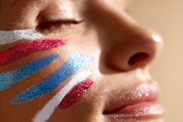 Close-up of female face with colorful paint strokes on cheek