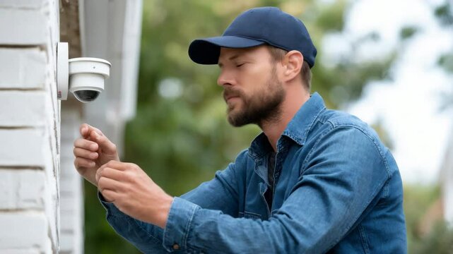 Man blue denim shirt and cap installing security camera exterior house wall, focused technology and surveillance, outdoor setting with greenery, home safety concept, professional installation