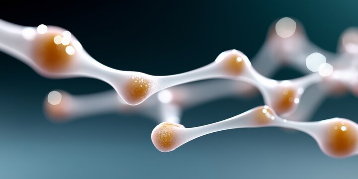 Abstract molecular structure with connected spheres on blue background