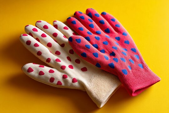 Colorful polka dot gloves on vibrant yellow background