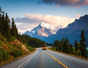 Fototapeta premium Orange van traveling on scenic mountain highway with snow-capped peaks and evergreen forest during golden hour