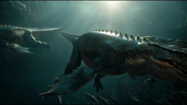 Mosasaurus in Deep Ocean: Experience the raw power of the ancient seas with this compelling image. Large mosasaurs gracefully navigate the shadowy depths, illuminated by the sun's rays.