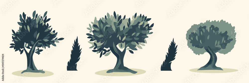 Poster set of stylized flat minimalist olive trees and cypress bushes vector illustration with simple shadi