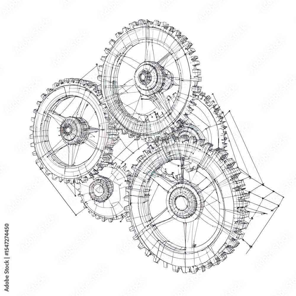 Poster 3d wireframe mechanical gears interconnected cogs low poly digital engineering technology concept ve