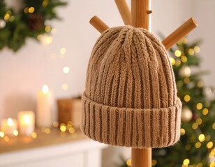 Knitted beige winter beanie hat on wooden coat rack with warm bokeh lights creating cozy seasonal home atmosphere.
