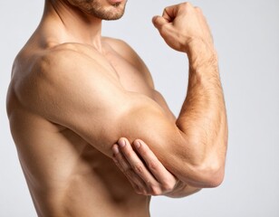 A close-up, cropped shot of a man's muscular arm, showcasing a bent elbow, skin folds, and visible joints, suggesting discomfort or pain, against a neutral background.