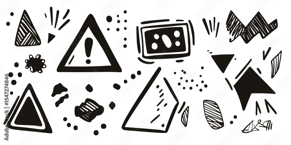 Poster hand drawn doodle black exclamation mark warning triangle set with scribble shapes and abstract haza