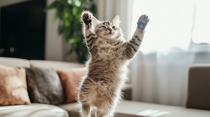 A Furry cat leaps into the air, pet photography, a background is living room 