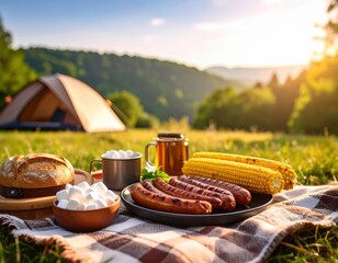 A delectable spread of grilled sausages, corn on the cob, bread, and marshmallows laid out on a picnic blanket in a picturesque campsite with a tent and lush green hills under a sunset sky.