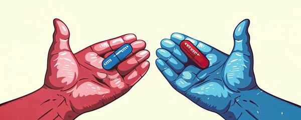 Minimal vector illustration of red and blue hands holding matching pills, symbolizing choice and duality.