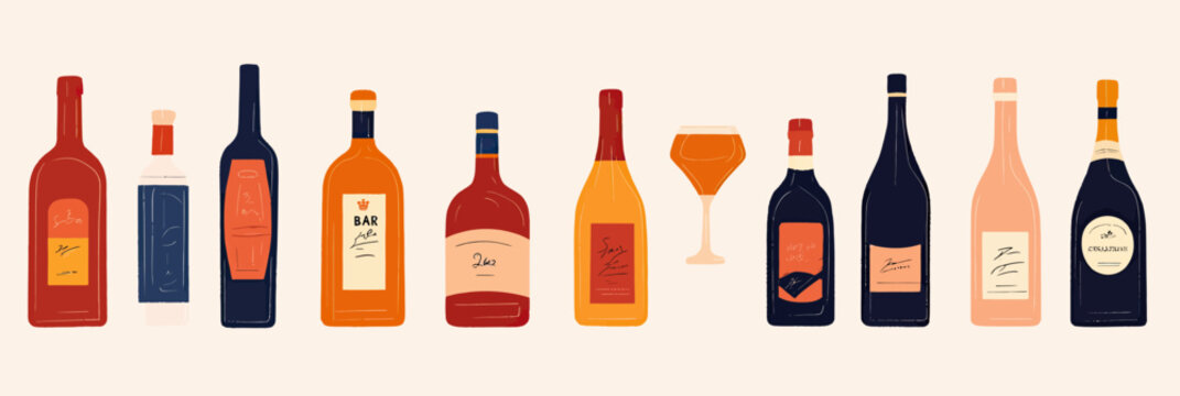 Set of assorted alcoholic bottles and cocktail glass in flat minimalist vector style with colorful labels and diverse shapes for bar and party drinks design