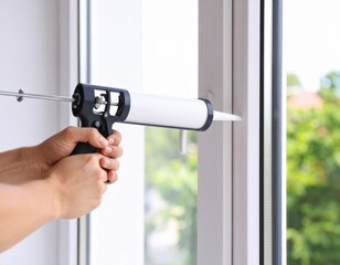 Hand using caulk gun to apply white sealant around window frame for home weatherproofing and insulation