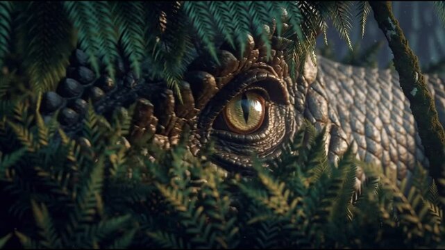 Eye of the Raptor: The intense yellow eye of a prehistoric raptor peers out from behind lush green fern, capturing the raw intensity and mystery of the ancient predator.