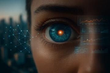 AI generated photorealistic rendering of a human eye with glowing digital interface elements HUD data layers and neural links showing connection between human perception and advanced technology