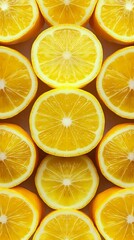 Fresh juicy orange slices arranged in rows on dark background, showing bright yellow pulp and natural texture. For food industry and healthy lifestyle concepts.