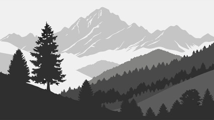 Fototapeta premium Majestic Mountain Landscape Serene Peaks, Evergreen Trees, and Misty Valleys