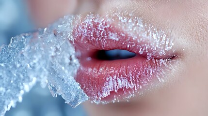 Close up of sensual red lips covered in frost and ice crystals, creating dramatic contrast between warm and cold elements for beauty and cosmetic concepts.