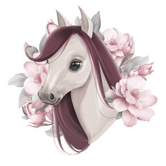 Elegant Horse Head with Floral Accents Illustration