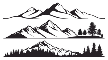 Majestic Mountain Ranges and Evergreen Forests Black and White Illustrations