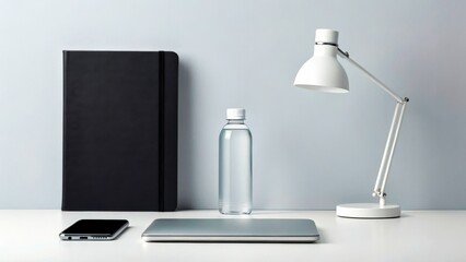 Minimalist workspace with laptop, smartphone, notebook, lamp, and water bottle on a clean desk