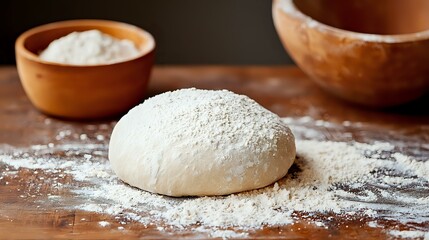 Fototapeta premium Fresh raw dough ball dusted with flour on wooden surface, ceramic bowl with flour in background, rustic baking preparation in warm lighting.