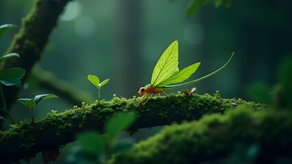 a green butterfly with a green plant