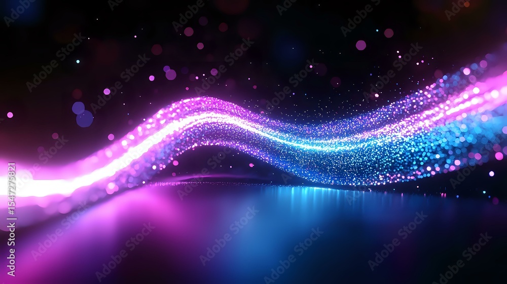Poster glowing neon wave with sparkling particles flowing in dark space, pink and blue light trail effect c
