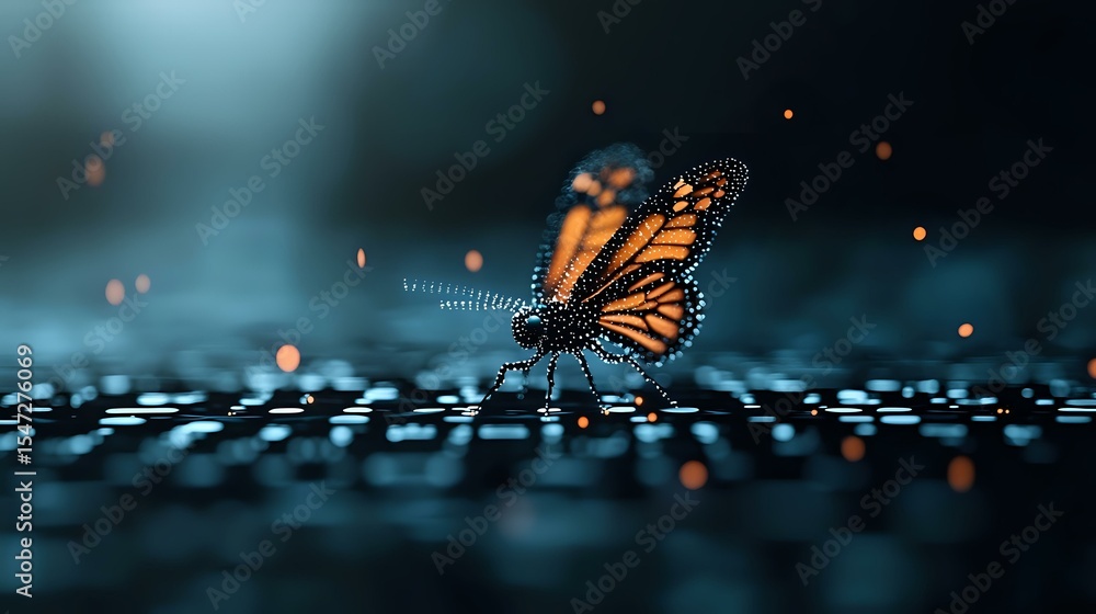 Aufkleber monarch butterfly resting on dark reflective surface with water droplets and bokeh lights creating m