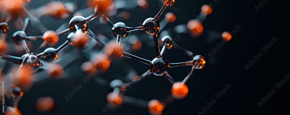Poster molecular structure with orange spherical atoms connected by metallic bonds against dark background,