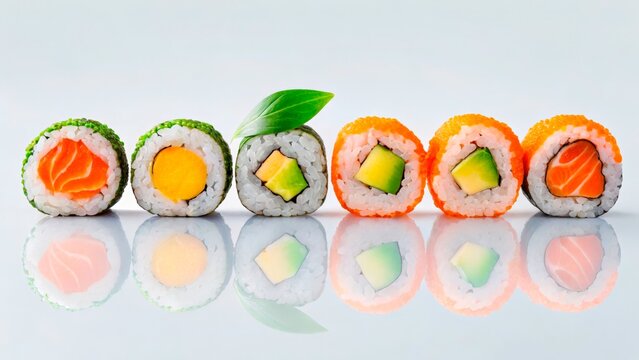 Freshly prepared sushi rolls displayed on a reflective surface showcasing vibrant colors and textures in an elegant arrangement