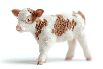 Naklejka premium Adorable brown and white spotted newborn calf standing on white background, isolated farm animal for agricultural and veterinary design projects.