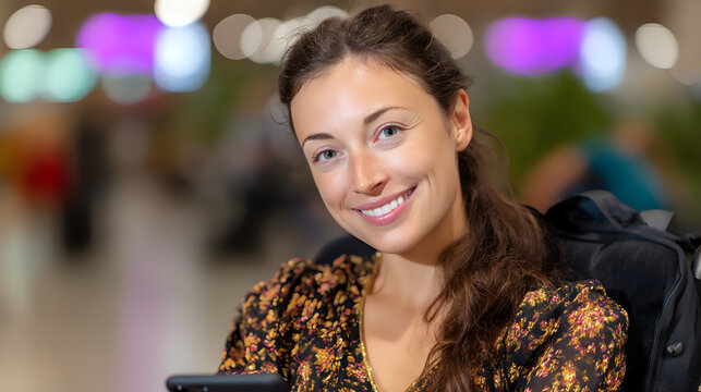Young Caucasian woman with natural makeup and brown hair smiling warmly at camera, wearing floral print blouse. Blurred bokeh background creates professional business atmosphere.