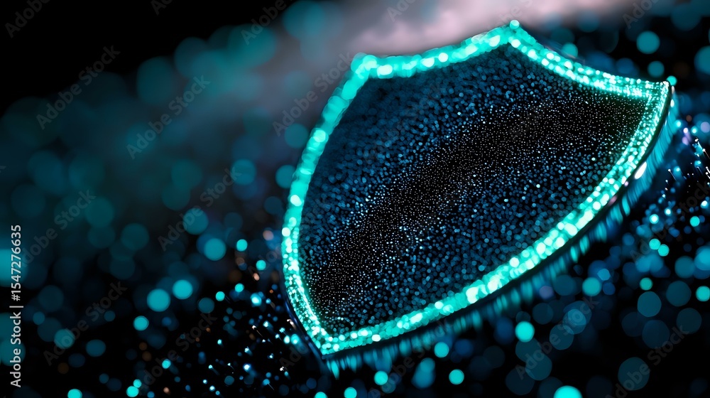 Poster glowing shield symbol with neon turquoise light effect on dark background with bokeh particles, repr