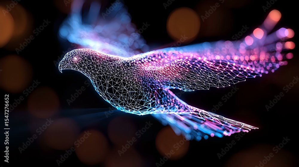 Aufkleber glowing digital bird made of connected dots and lines in pink and blue neon colors flying against da
