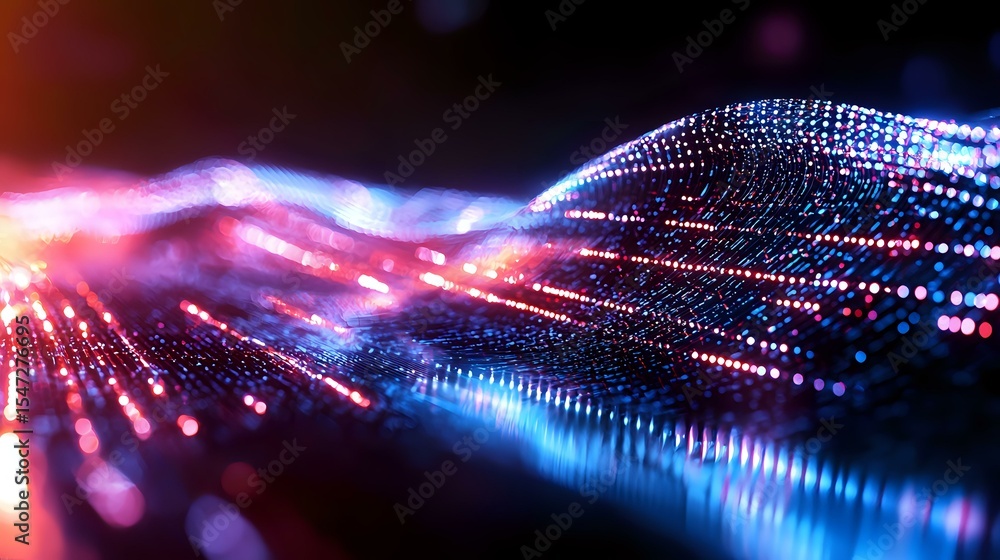 Poster glowing digital wave with pink and blue light particles flowing on dark background, creating futuris