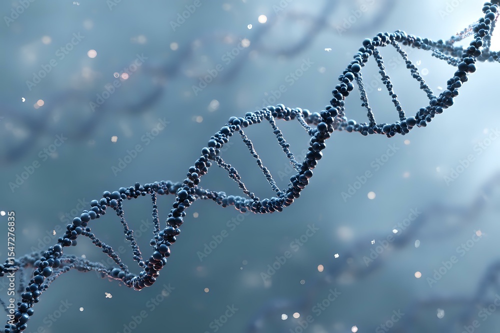 Poster metallic dna double helix structure floating in atmospheric blue space with glowing particles and bo
