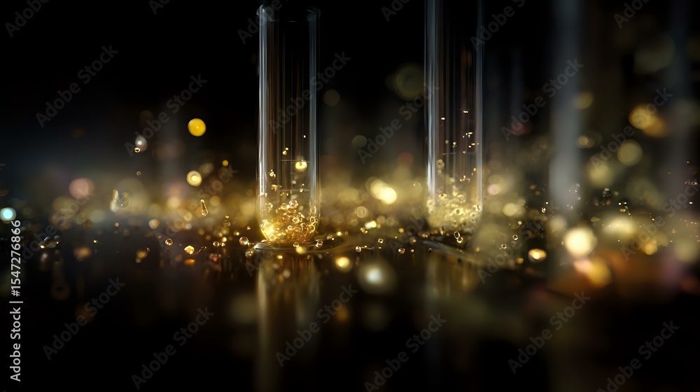 Aufkleber glass test tubes with golden glowing particles and bokeh effect on dark background, creating magical