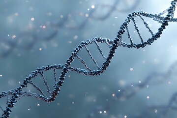 Metallic DNA double helix structure floating in atmospheric blue space with glowing particles and bokeh effects, representing genetic research and biotechnology.