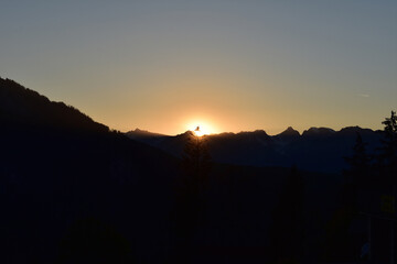 Letzte Sonnenstrahlen scheinen glitzernd durch einen Tannenbaum vor den Schweizer Alpen