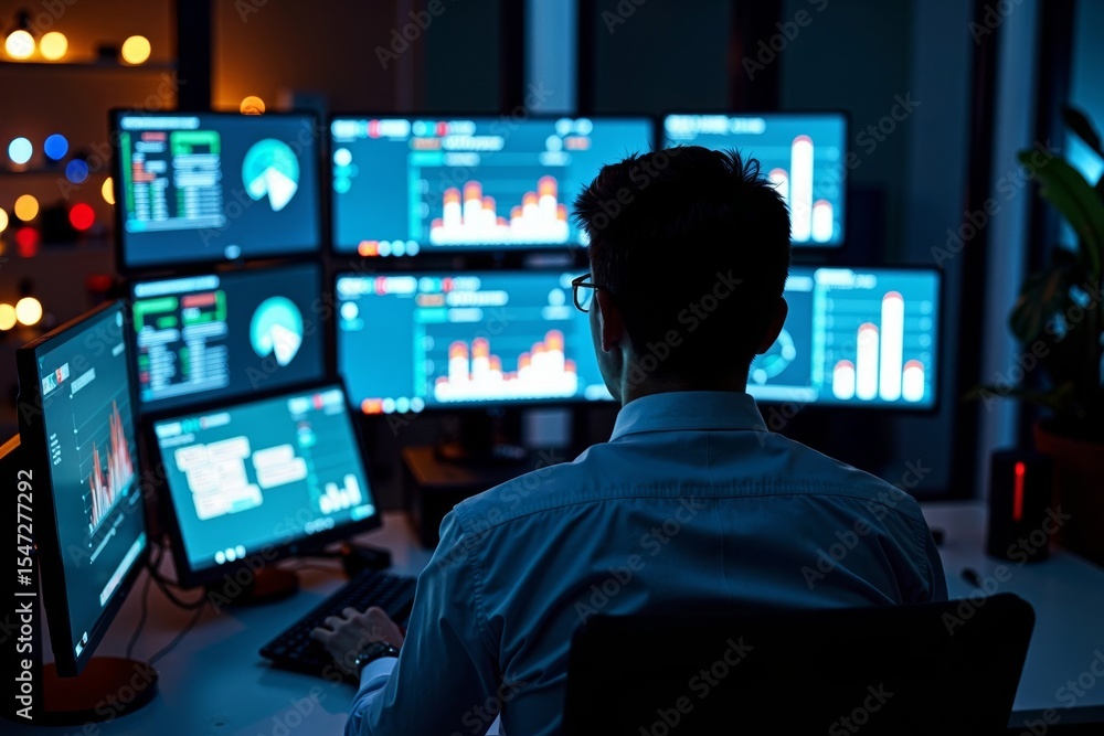 Aufkleber bird's eye view of businessman working at contemporary desk with advanced computer and vibrant displ
