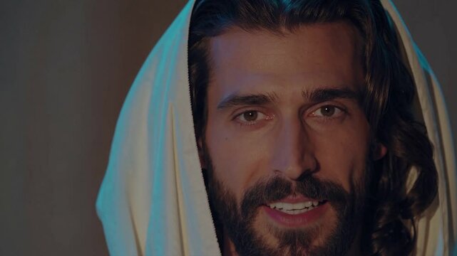 Close-up portrait of Jesus Christ with gentle expression and blue robe, religious figure, spiritual inspiration, faith, hope, love, compassion, Christian belief, biblical character, holy savior, devot