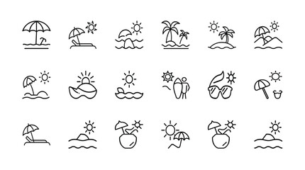 Minimal Summer Beach Icon Set – Outline Style Vector Illustrations